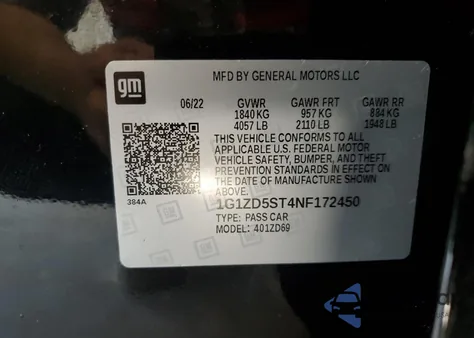 2022 Chevrolet Malibu Lt из США, поврежденный, VIN 1G1ZD5ST4NF172450